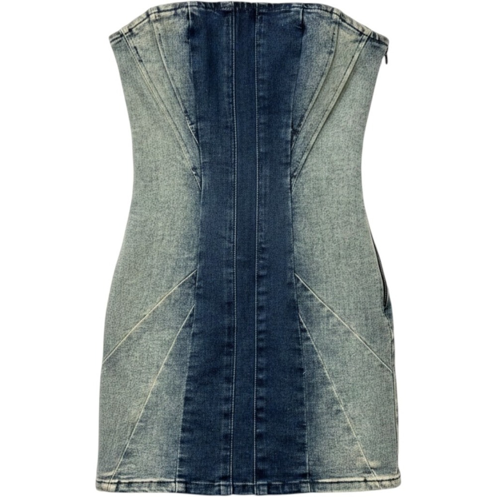 PrettyLittleThing Shape Denim Strapless Mini Dress Blue Two Tone Panel US 2 NEW